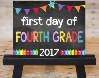 FIRST DAY of Fourth Grade Sign, First Day of School Chalkboard Printable 2017, Instant Download 8x10
