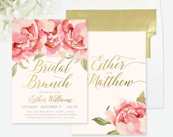 Bridal Shower Brunch Invitation, Bridal Brunch Invite, Brunch with the Bride Invite, Floral, Gold, Peach & Pink Peonies / Roses - Everly