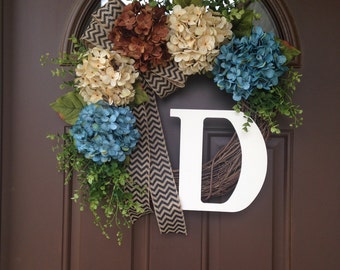 Hydrangea Wreath for Front Door - Spring Wreath with Initial - Summer Monogram Wreath for Door - Rustic Front Door Decor - Housewarming Gift