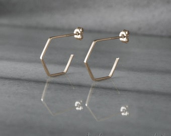 Gold Hoop Earrings, Gold Hexagon Hoops, 14k Gold Earrings, Yellow Gold, Hexagon Earrings, Everyday Earrings, Dainty Jewelry, Gift For Her