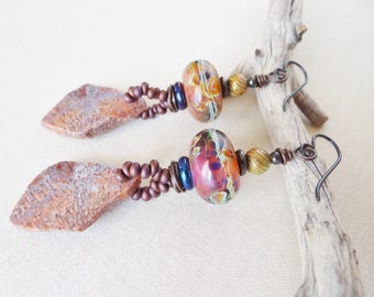 Ifede.Fossilized Dinosaur bone,Rustic,Tribal,Ethnic,Boucle D'oreille,Christmas Gift For Her,Pour elle,Unique Artisan Yeelen Spirit Earrings