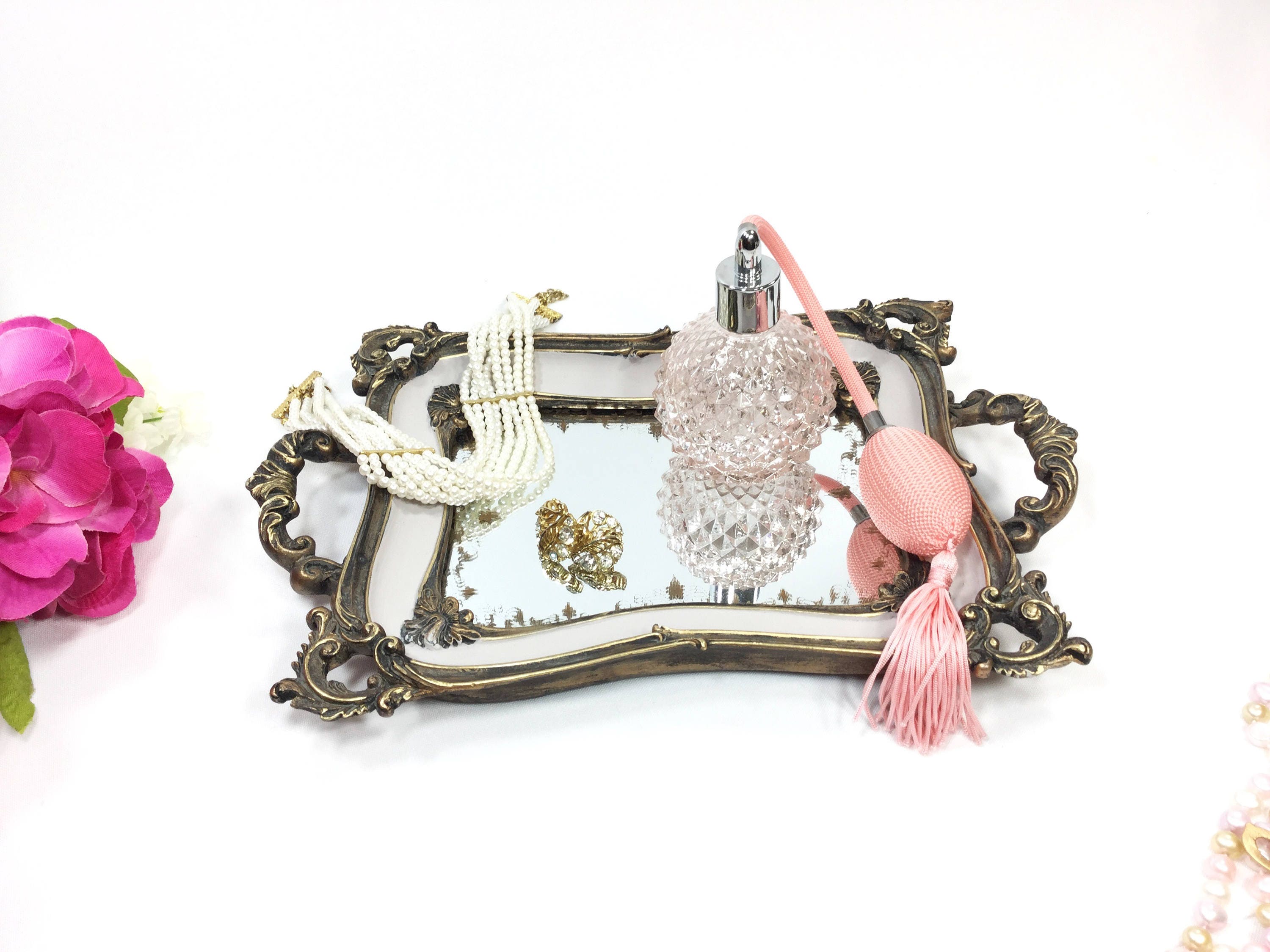 Ornate Gold Lavender Display Tray Vanity Dresser Boudoir Mirror Perfume Home Decor Photo Prop A976 Ornate Gold Lavender Display Tray Vanity Dresser Boudoir Mirror Perfume Home Decor Photo Prop A976