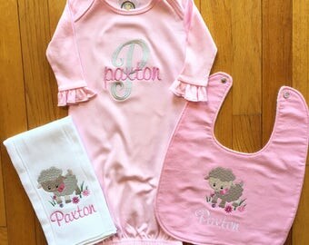 Personalized Baby Gown/Monogram Baby Gown/Personalized Burp Cloth/Personalized Baby Bib/Personalized Baby Item/Lamb Bib/ Lamb Burp Cloth