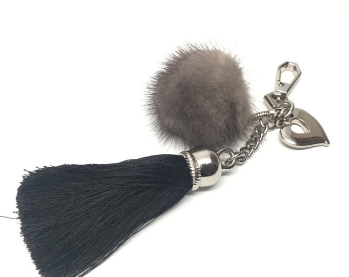 Cute Genuine Mink Fur Pom Pom Keychain bag charm with tassel and heart charm in Gray