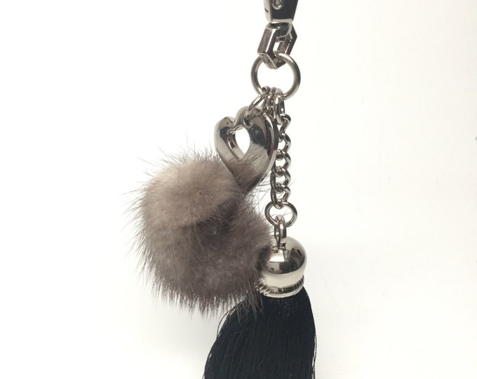 Cute Genuine Mink Fur Pom Pom Keychain bag charm with tassel and heart charm in Gray