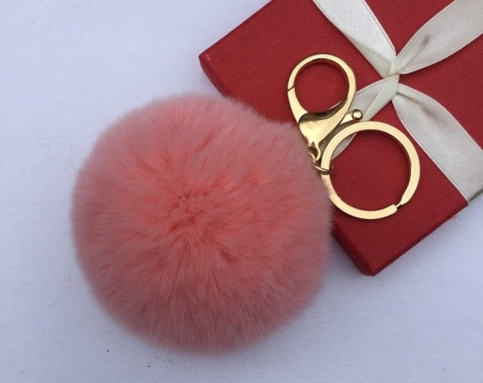 Fur pom pom keychain fur ball bag pendant charm made from Rex Rabbit Fur Peach Pink