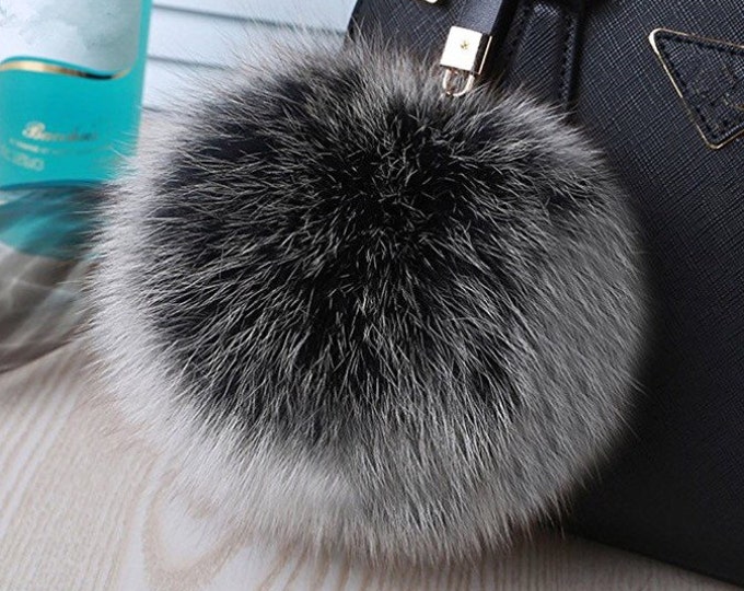 Black Frosted Fox Fur Pom Pom luxury bag pendant with leather strap buckle key ring chain bag charm