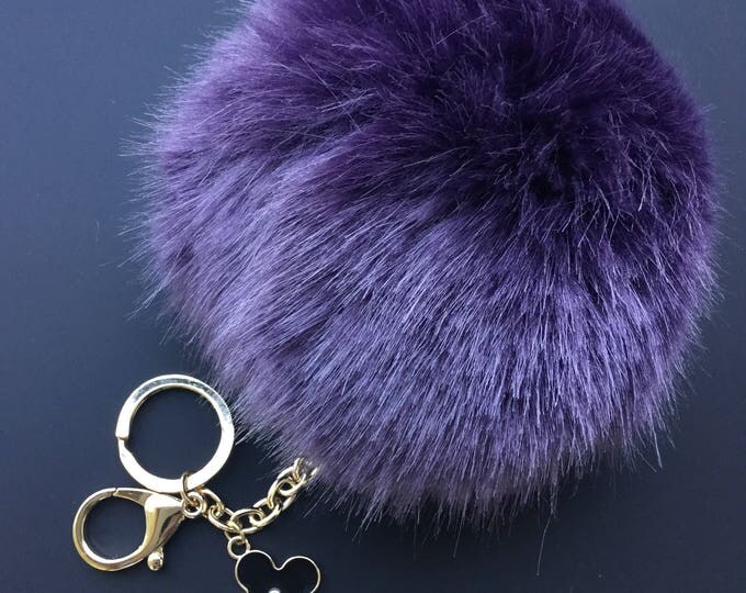 NEW! Faux Fox Fur Pom Pom bag Keyring Hot Couture Novelty keychain pom pom fake fur ball in Beautiful Purple or Natural Brown