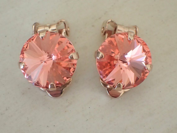 Rose Peach Crystal Clip On Earrings, Rose Gold