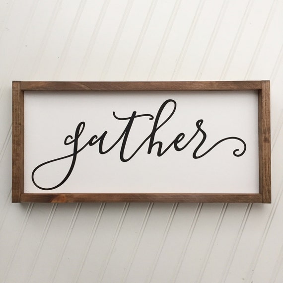 Gather Framed Wood Sign Cursive Handwritten Font Decor