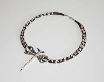 women leather necklace, dragonfly pendent necklace, silvering pendent necklace, vintage style necklace
