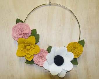 FELT FLORAL WREATH, Felt, Wreath, Felt Flowers, Gold Hoop, Modern Wreath