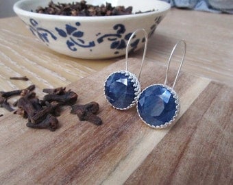 Natural blue sapphire earrings-14 mm faceted african sapphire earrings-Royal blue gemstone earrings-September birthstone earrings