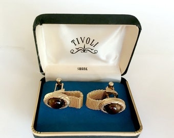 Vintage Tivoli Swank Cuff Links Shiny Gold Tone with Mesh Brown Faux Stone in Orginal Black Box