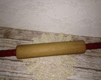 Vintage Rolling Pin, Vintage Wooden Rolling Pin, Wood Rolling Pin With Red Handles, Vintage Wood Rolling Pin With Red Handles