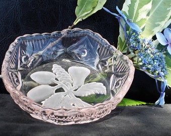 Pink Cut Glass Butter Dish or Trinket / Ring Bowl with Frosted Fruit Design - Lovely :)