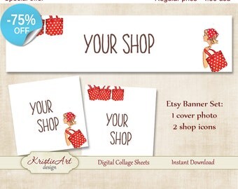 75% OFF SALE ETSY Shop Banner (Cover photo) + Shop Icons - Set #L012. Digital Etsy Shop Banner Digital Collage Sheet Fashion Banner