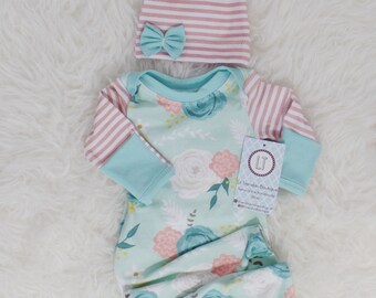 Baby girl coming home outfit // Knotted newborn gown // Mint floral/blush stripes new baby gown // baby girl clothes // Baby shower gift