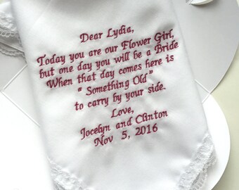 Embroidered Flower Girl Handkerchiefs -Hankerchiefs- Wedding Hankies gift poem- Personalized Flower Girl -Free Wedding Gift Box/Code:1103