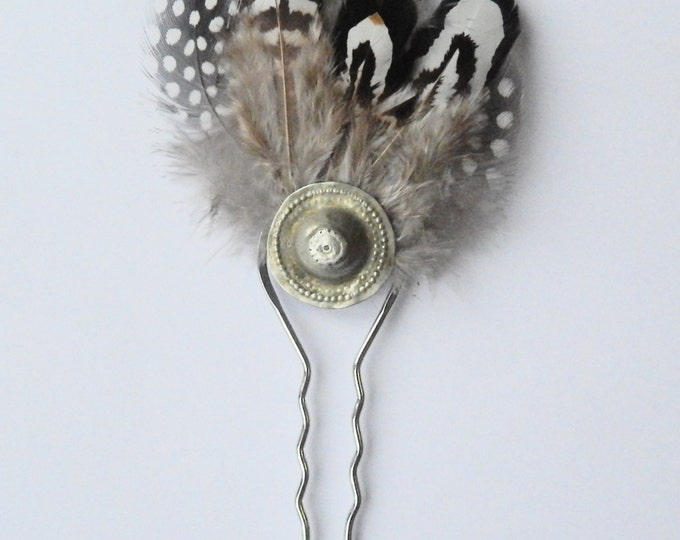 Tribal hair pin , white brown feather barette , silver ethnic pin , festival hair comb , vintage kuchi button pin , bohemian boho headdress