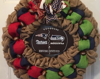 New England Patriots wreath, Seattle Seahawks wreath, A house divided wreath, burlap football wreath, Patriots sign, Seahawks sign, football