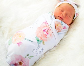 Pretty Peony- Personalized Floral Baby Swaddle- Floral Baby Blanket- Floral Receiving Blanket- Floral Baby Name Blanket- Baby Shower Gift