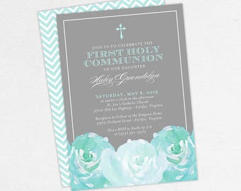 First Communion Invitation, First Holy Communion Invitation, Religious, Printed, PDF, DIY Communion Invite, Watercolor Flowers, Blue, Haley