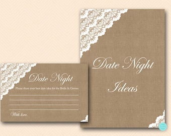 Burlap Date Night Idea Card and Sign, Date Idea for Bride and Groom Printable, Bridal Shower Activity Printable BS34