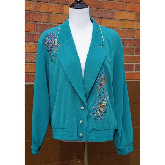 80s Turquoise Embroidered Blazer Shoulder Pads Geometric