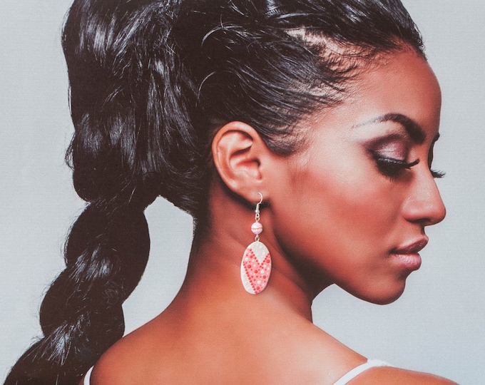 Pink agate earrings, Romantic earrings, Pink earrings, Hand painted earrings, Oval earrings, Pink and white, Oval shape earrings