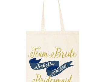 Wedding day bridesmaid cotton tote gift bag. Personalised hen party keepsake gift. Custom shopper tote bag.