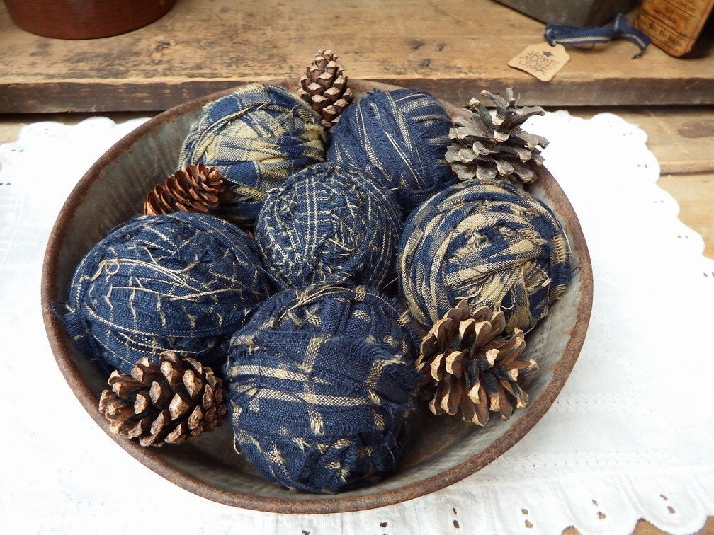 Navy Blue Homespun Rag Balls Blue Bowl Fillers Fabric Balls