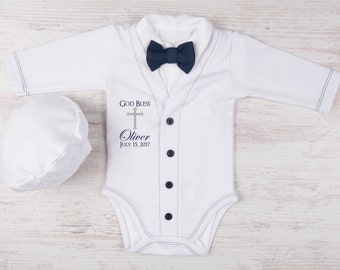 Baby Boy Christening Outfit, Baptism Baby Boy Outfit, GOD BLESS Personalized Cardigan, Bodysuit, Hat & Bow Tie White/Navy Set, Baptism Gift