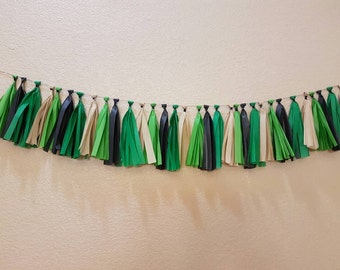 Army tassel garland, minecraft garland, dinosaur garland, minecraft party, army party, birthday party, dinosaur party, green tassels, decor