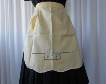 Vintage Yellow Half Apron with Embroidered Floral Motif 1960's #20071