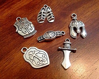 50 sets or 50pcs each of these Armor on God Charms, Full Armor Of God Charms, 50 each of the Belt, Shield, Breastplate, Helmet, Sword, Shoes
