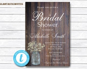 Rustic Bridal Shower Invitation, Rustic Invitation, Mason Jar invitation, Flower Invitation, Bridal Shower Invitation, Instant Download