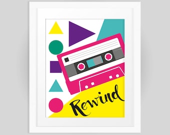 Rewind to the Eighties Retro Music Tape Cassette Print, Colourful graphic design INSTANT DOWNLOAD