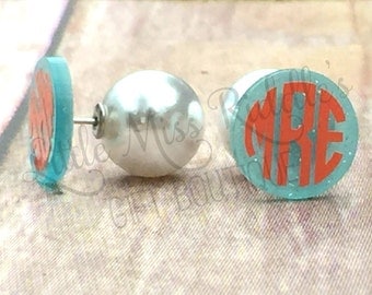 Monogram Pearl Back Earrings, Round Acrylic Stud Earrings, Personalized Studs with Faux Pearl Back, Monogrammed Earrings, Stocking Stuffers
