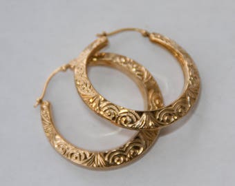 Vintage 14K Gold Filled Hollow Hoop Earrings, Marked Carla Earrings, 14K Gold Posts, 1.5" Textured Swirl Pattern Puffy Hoops, Free Shipping