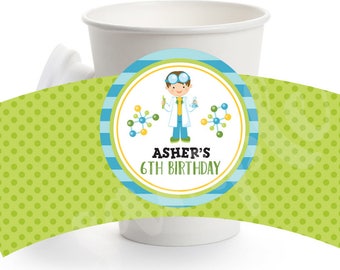 Personalized Boy Scientist Party Hot Cocoa Bar Printable Coffee Sleeve- Hot Cup Wrapper - Science Party Hot Chocolate Bar Party Printables