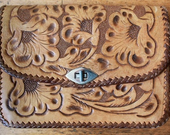 70s Leather Clutch - Hand tooled leather