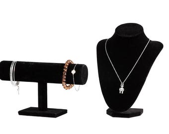 Black Velvet Jewelry Displays - 2 Pc Set - T-Bar for Bracelets, Watches; Bust for Necklaces, Chokers - 2 Pc Set FAST USA SHIPPING