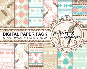 SALE boho "digital paper" pack, TRIBAL CHIC, "Printable" backgrounds Scrapbook Paper 7.5 x 7.5 inch #10