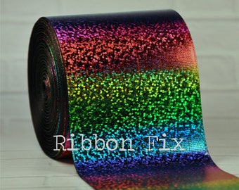3 inch (3") Black Rainbow Hologram Foil Print Grosgrain Ribbon - Cheer Bows - Cheerleader Ribbons - Pride - ROYGBIV - Boutique Bow - Glitter