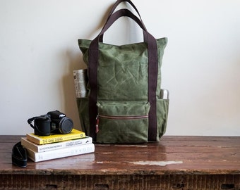 Convertible Waxed Canvas Backpack, 8 Pockets, Canvas Diaper Backpack, Laptop Backpack, Waxed Canvas Tote, Olive green
