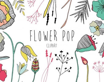Flower Pop Clip art set, Vector ClipArt, Instant download, Commercial Use, Invitation, Logo Design, Bright Florals, trend, Black and White
