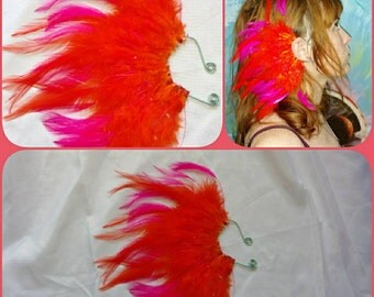 Right ear. Handmade bright orange and pink feather ear cuff
