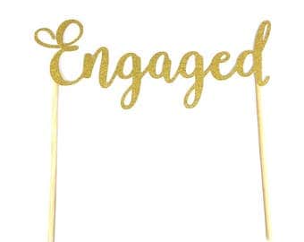 1 pc Engaged script fonts gold silver glitter wedding bridal Shower bachelorette party engagement cake topper