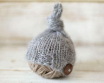 Newborn Hat, Gray Knitted Mohair Baby Boy Hat, Knit baby hat, Photo prop, Shower gift, Hat with buttonsPhotography,Beanie